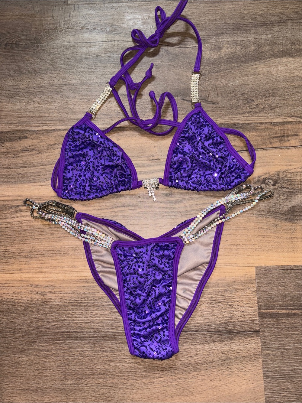Purple Sequin Triangle Bikini with Beaded Accents
